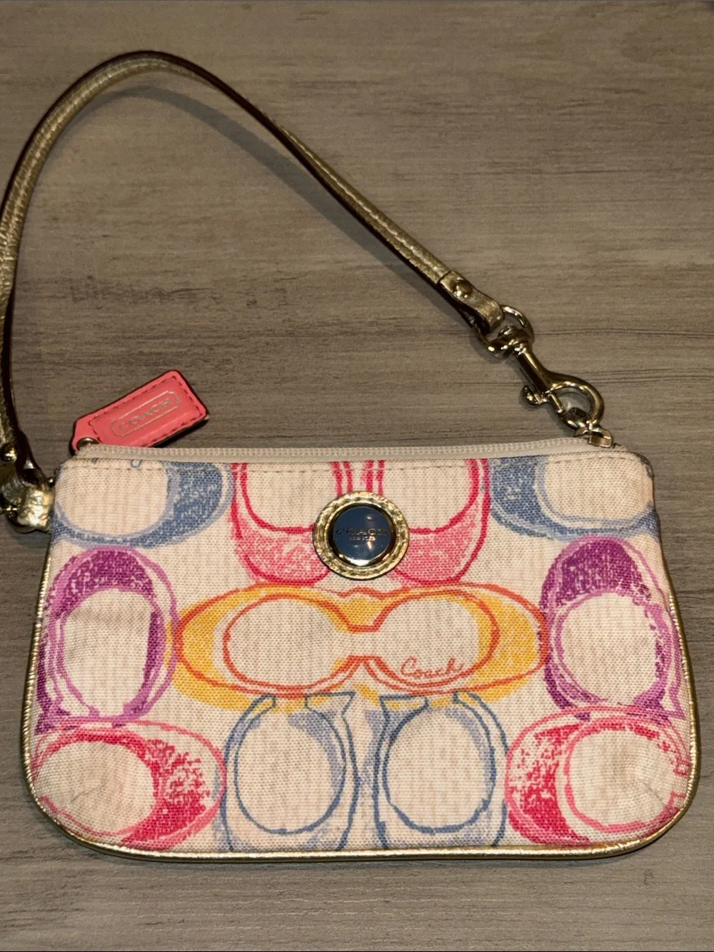 Coach Multicolor Signature Wristlet with Pink, Purple, Blue & Yellow Accents